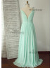 Jeweled Cap Sleeves Mint Chiffon Pleated Bridesmaid Dress